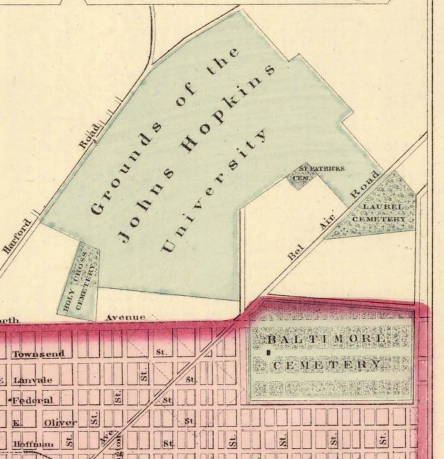 Location of Laurel Cemetery. Detail from Frank A. Gray. New Map of Baltimore, 1876. Maryland State Archives, MSA SC 1427-1-28