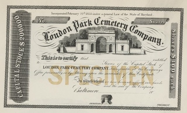 [Print specimen of stock certificate for Loudon Park Cemetery Company]. Engraved & printed by A. Kollner, Philadelphia, [185-?]. Library of Congress Prints and Photographs, LC-DIG-ppmsca-24846.